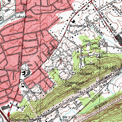 Topographic Map of Greenwood Cemetery, TN