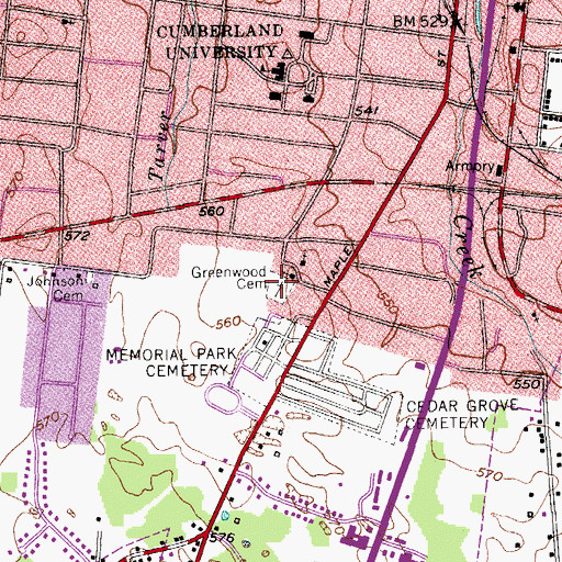 Topographic Map of Greenwood Cemetery, TN