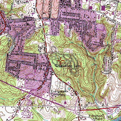 Topographic Map of Greenwood Cemetery, TN