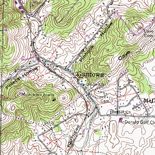 Topographic Map of Guntown, TN