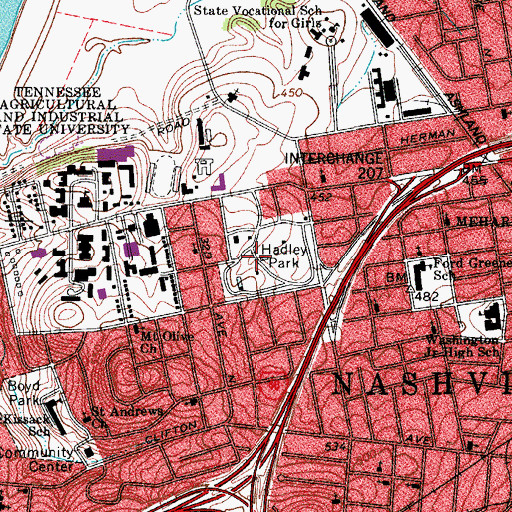 Topographic Map of Hadley Park, TN