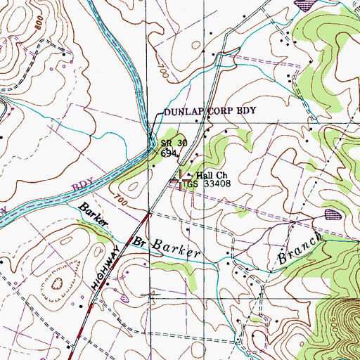 Topographic Map of Hall Church, TN