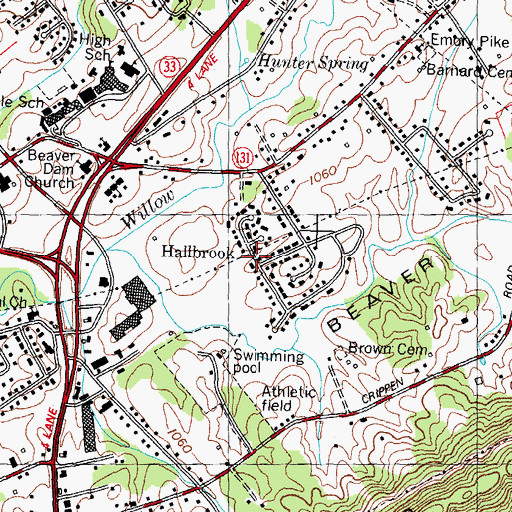 Topographic Map of Hallbrook, TN