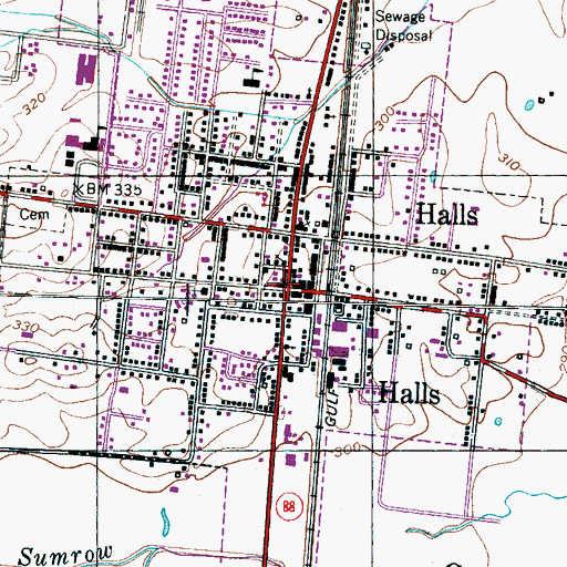 Topographic Map of Halls, TN