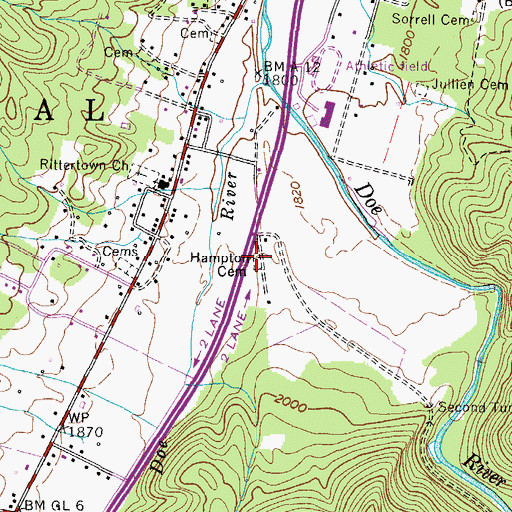Topographic Map of Hampton Cemetery, TN