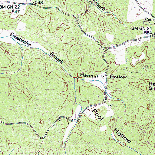 Topographic Map of Hannah Hollow, TN