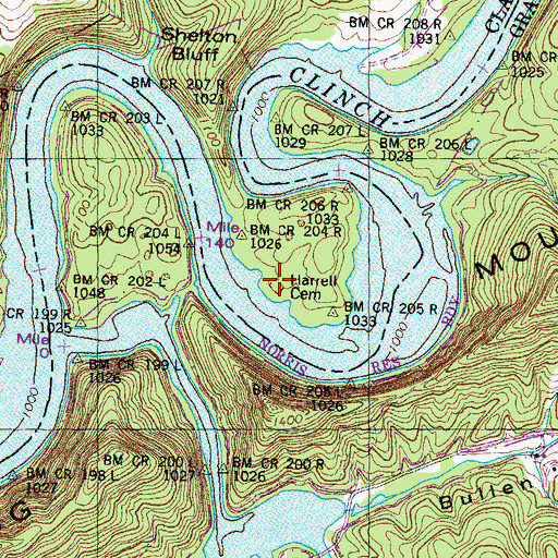 Topographic Map of Harrell Cemetery, TN