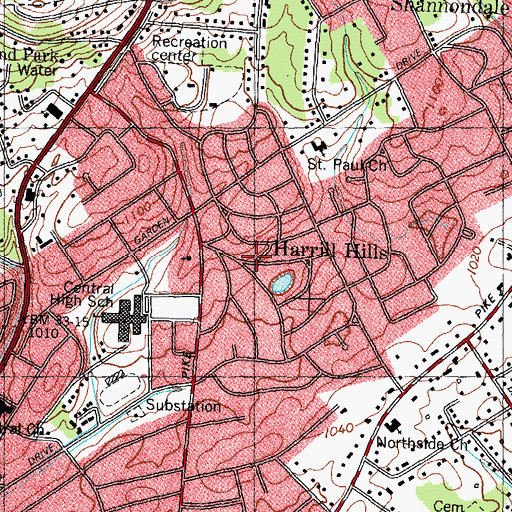 Topographic Map of Harrill Hills, TN