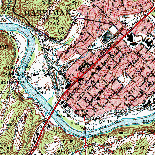 Topographic Map of Harriman, TN