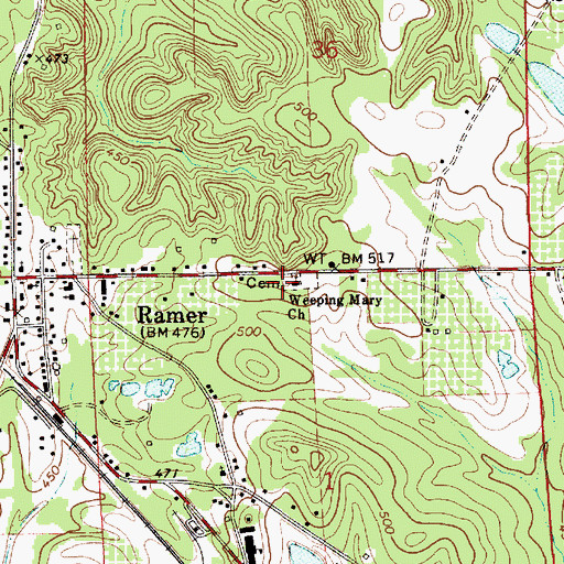 Topographic Map of Weeping Mary Church, AL