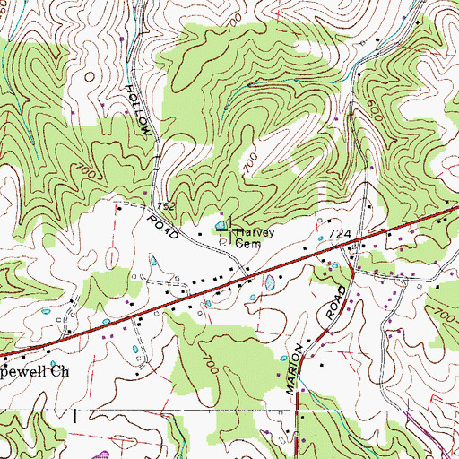 Topographic Map of Harvey Cemetery, TN