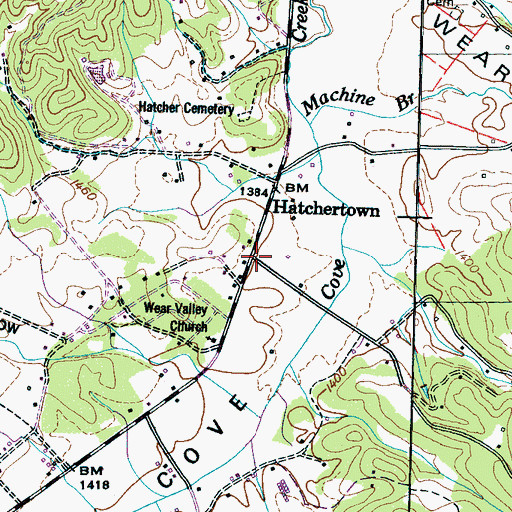 Topographic Map of Hatchertown, TN