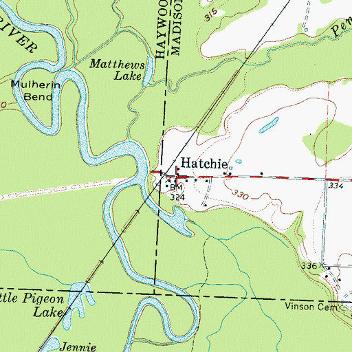 Topographic Map of Hatchie, TN