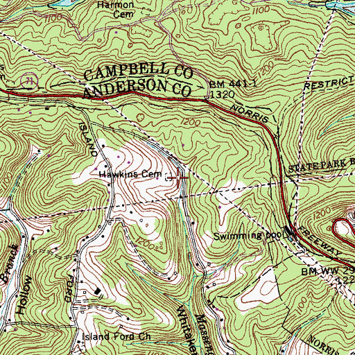 Topographic Map of Hawkins Cemetery, TN