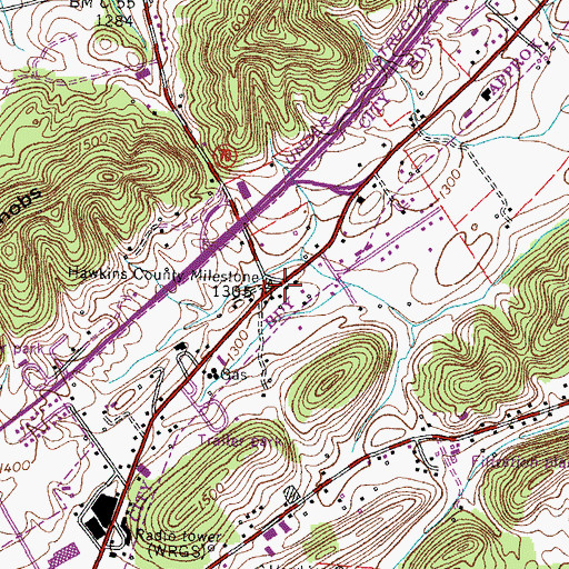 Topographic Map of Hawkins County Milestone, TN