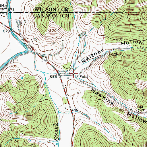 Topographic Map of Hawkins Hollow, TN