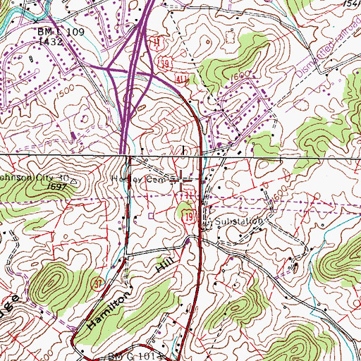 Topographic Map of Henley Cemetery, TN