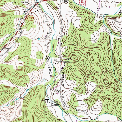 Topographic Map of Hicks Cemetery, TN