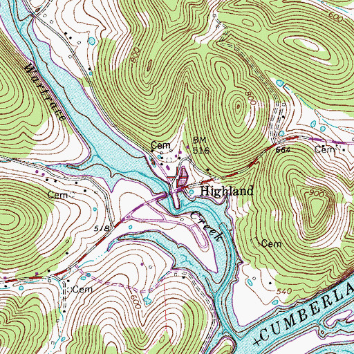 Topographic Map of Highland, TN