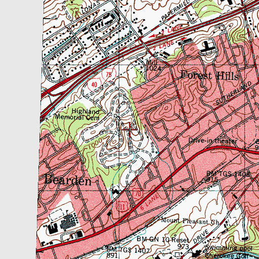 Topographic Map of Highland Memorial Cemetery, TN