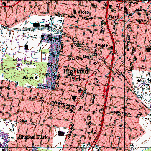 Topographic Map of Highland Park, TN