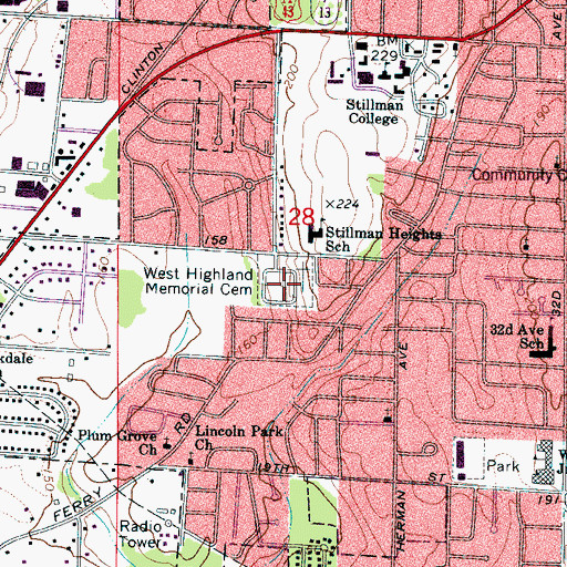 Topographic Map of West Highland Memorial Cemetery, AL
