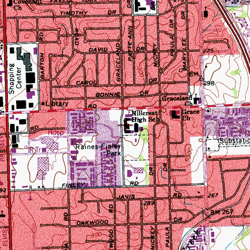 Topographic Map of Hillcrest High School, TN