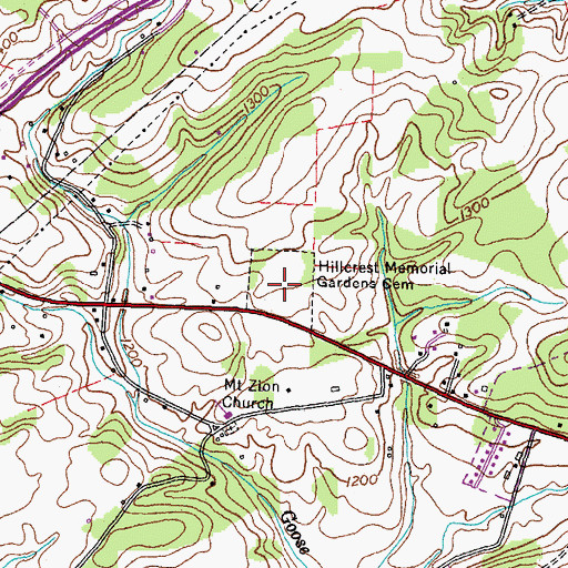 Topographic Map of Hillcrest Memorial Gardens Cemetery, TN