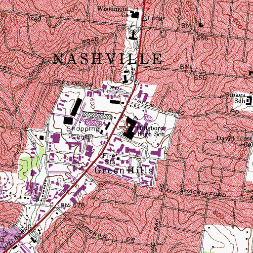 Topographic Map of Hillsboro High School, TN