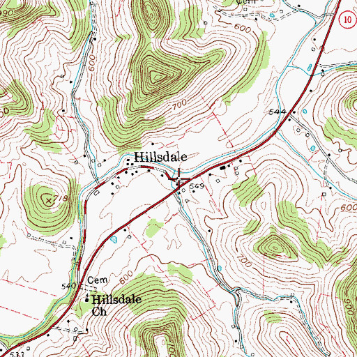 Topographic Map of Hillsdale, TN
