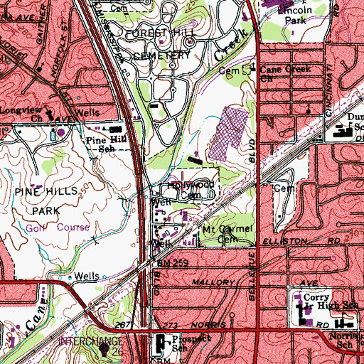 Topographic Map of Hollywood Cemetery, TN