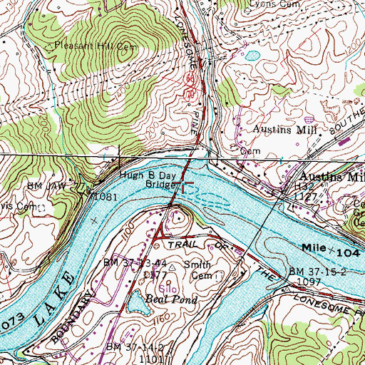 Topographic Map of Hugh B Day Bridge, TN
