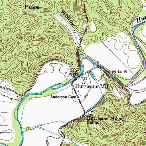 Topographic Map of Hurricane Mills, TN