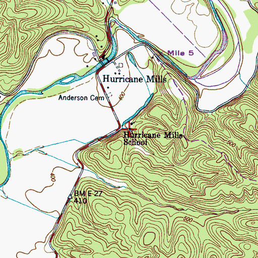 Topographic Map of Hurricane Mills School, TN