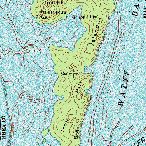 Topographic Map of Iron Hill Island, TN