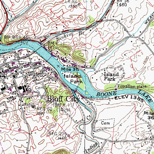 Topographic Map of Island Park, TN