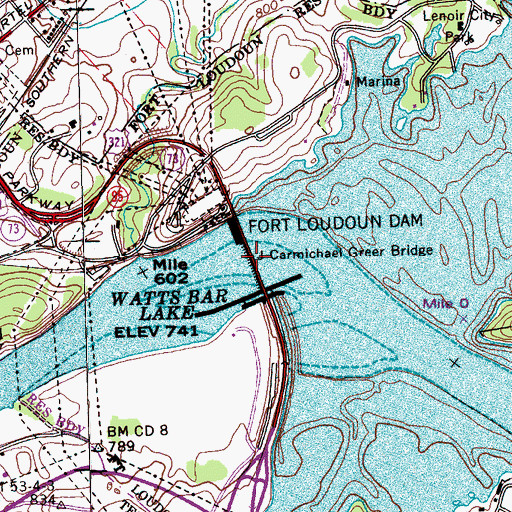 Topographic Map of J Carmichael Greer Bridge, TN
