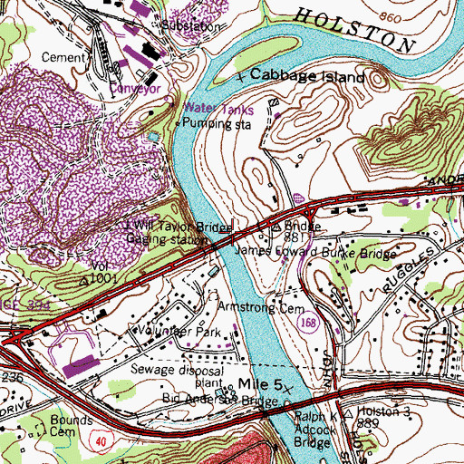 Topographic Map of J Will Taylor Bridge, TN