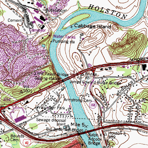 Topographic Map of James Edward Burke Bridge, TN