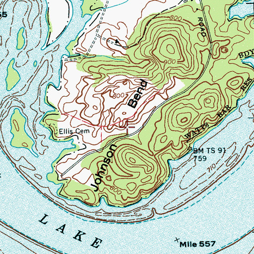 Topographic Map of Johnson Bend, TN