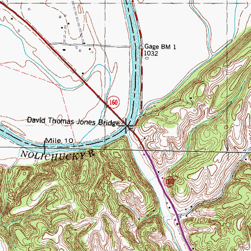 Topographic Map of David Thomas Jones Bridge, TN