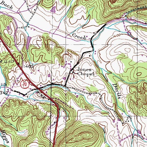 Topographic Map of Jones Chapel, TN