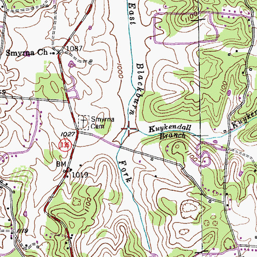 Topographic Map of Kuykendall Branch, TN