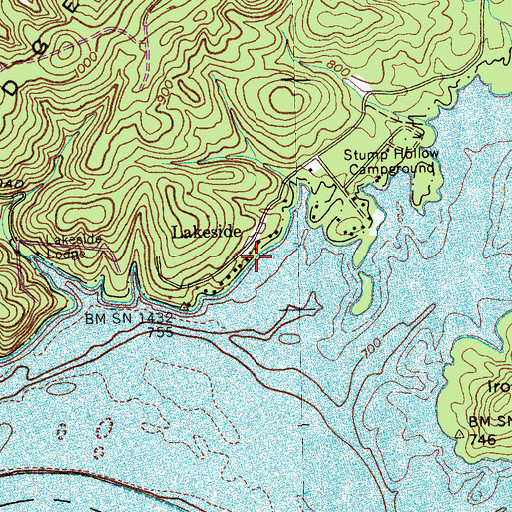Topographic Map of Lakeside, TN
