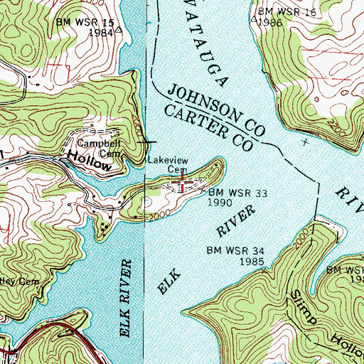 Topographic Map of Lakeview Cemetery, TN