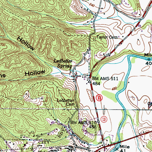 Topographic Map of Ledbetter Hollow, TN