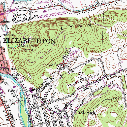 Topographic Map of Ledford Cemetery, TN