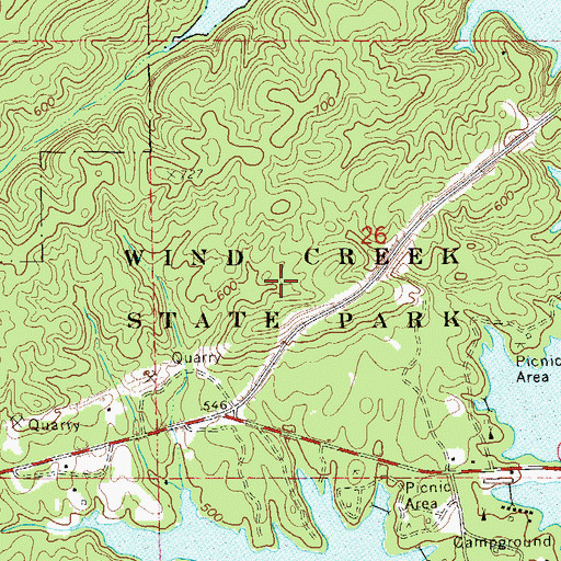 Topographic Map of Wind Creek State Park, AL