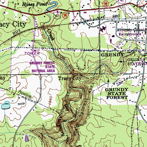 Topographic Map of Little Fiery Gizzard Creek, TN