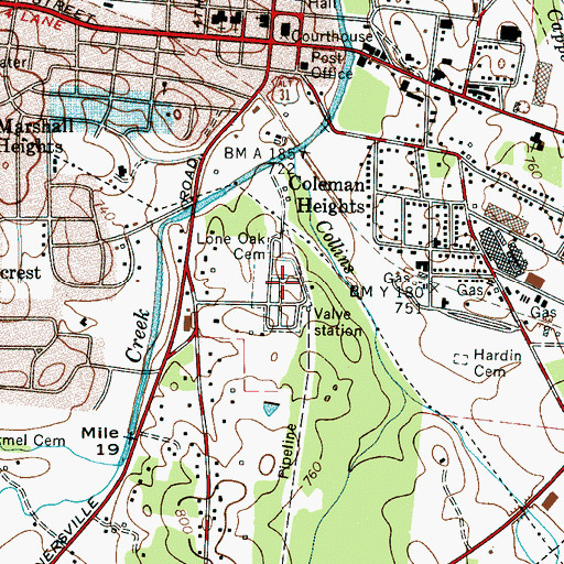 Topographic Map of Lone Oak Cemetery, TN